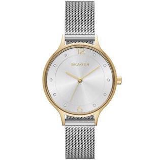 Skagen Anita dameur med rund urkasse, sølv mesh armbånd og diamantmarkører på 12, 3, 6, 9.